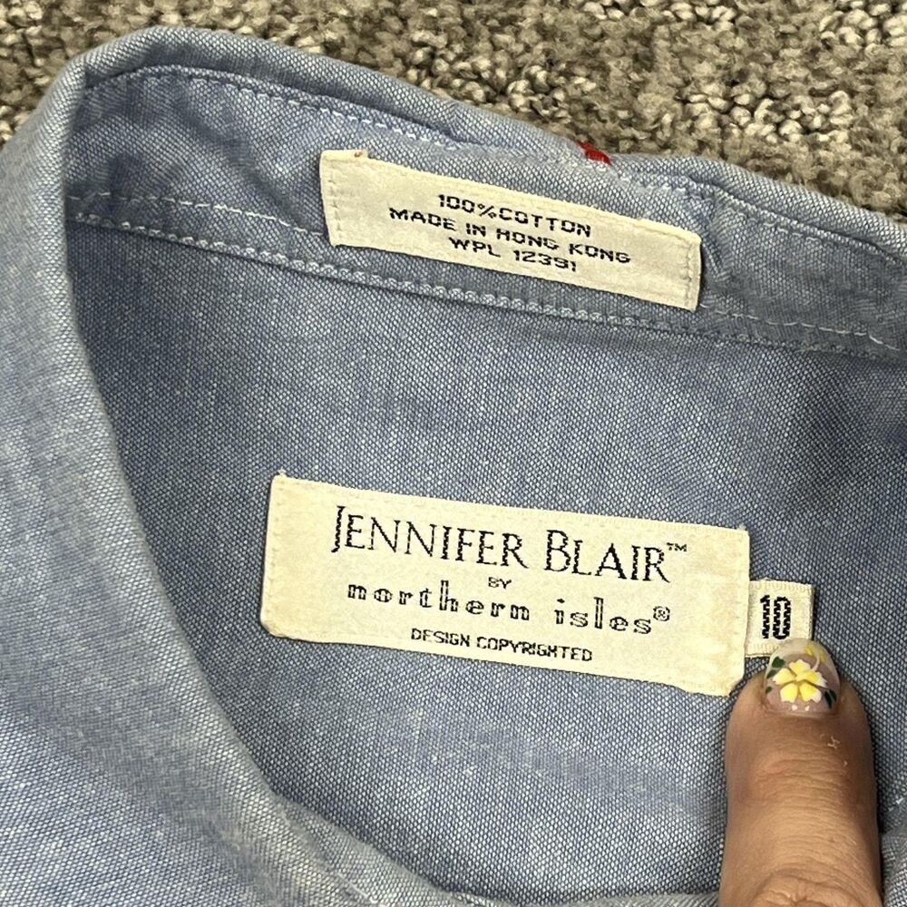 Vintage Jennifer Blair Shirt Womens 10 Blue Chambray Santa Christmas Houses 90s - Picture 6 of 9